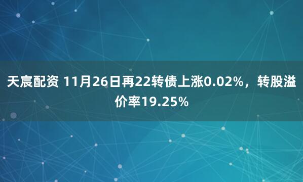 天宸配资 11月26日再22转债上涨0.02%，转股溢价率19.25%